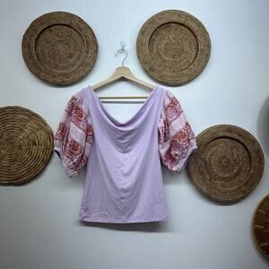 Free People Purple Boho Bohemian Embroidered Short Puff Sleeve Top Small